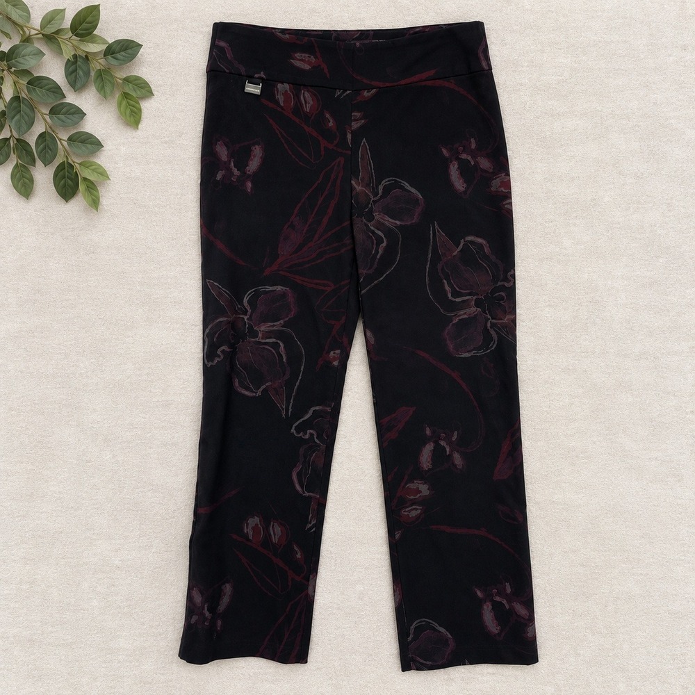 Lisette L Montreal Slim Leg Pants Black Burgundy Floral Stretch Pull On Moody 14